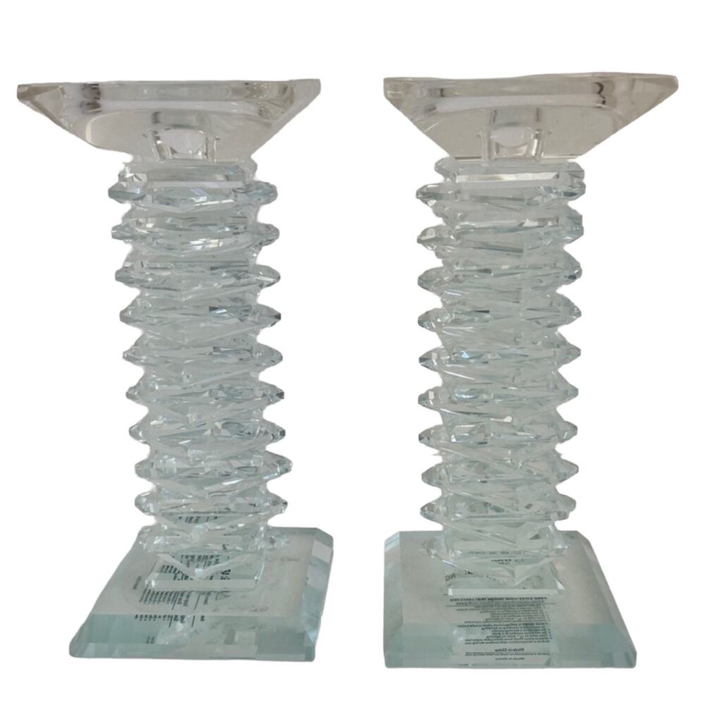 Clear Crystal Glass Stacked Faceted Tall Candle Holders Pair 8 Inch Votive Heavy - Picture 1 of 7